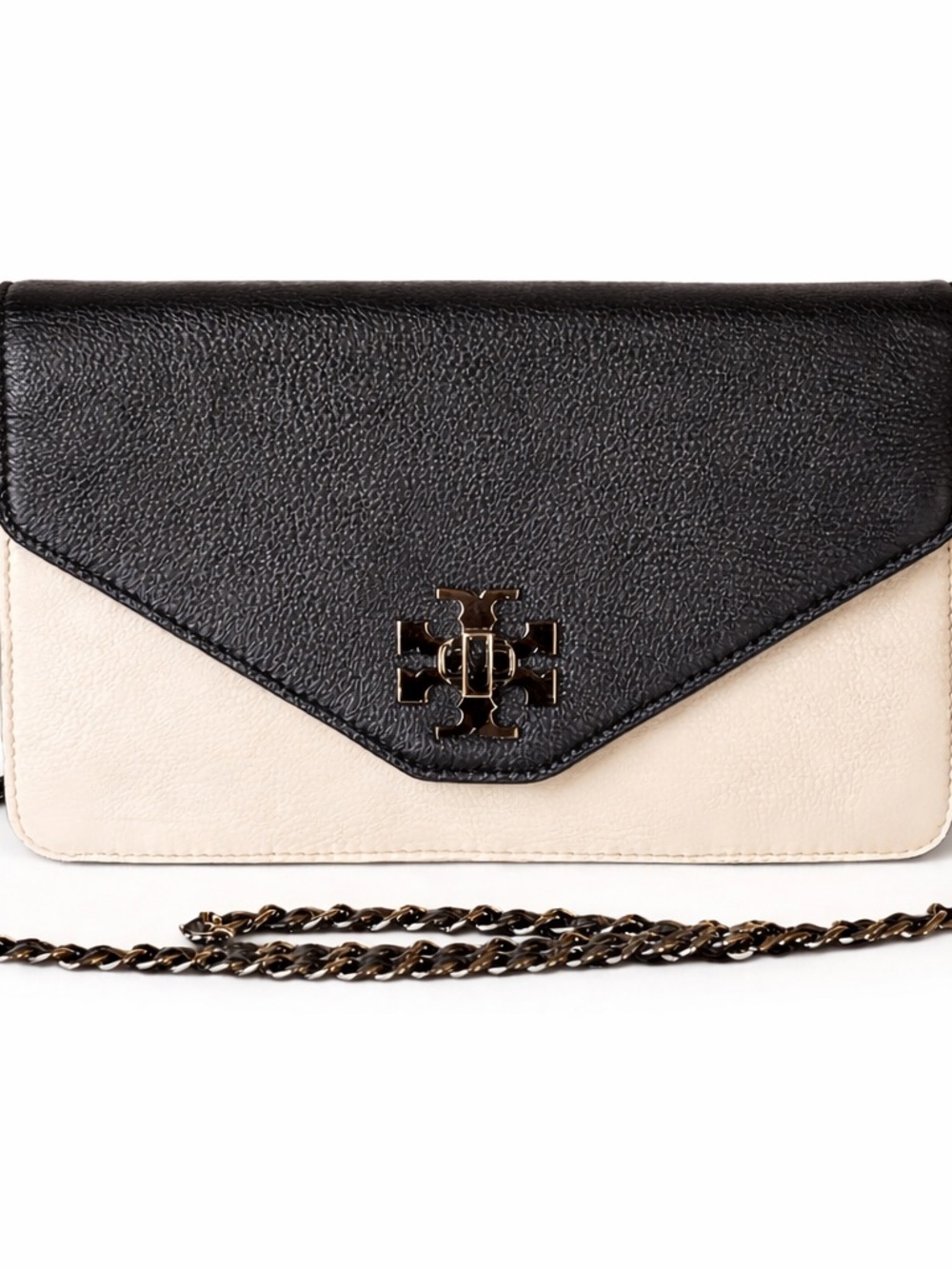 Tory Burch Kira Metallic Color Block Envelope Crossbody Leather Bag Chain Strap
